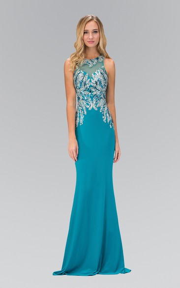 Sheath Jewel-Neck Sleeveless Jersey Straps Dress With Beading And Sequins