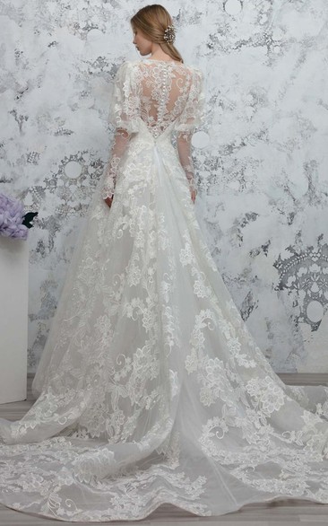 Romantic Tulle Plunging Neckline Long Sleeve Appliques Lace Wedding ...