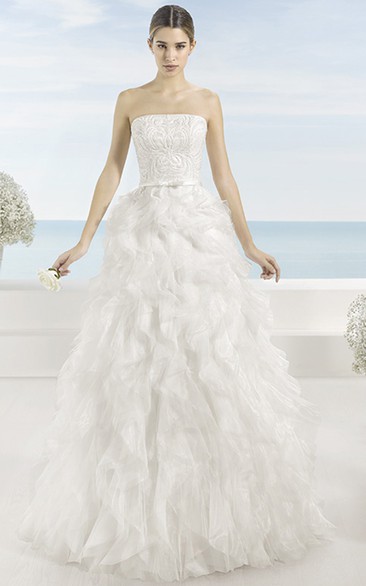 A-Line Sleeveless Cascading-Ruffle Long Strapless Tulle Wedding Dress With Chapel Train