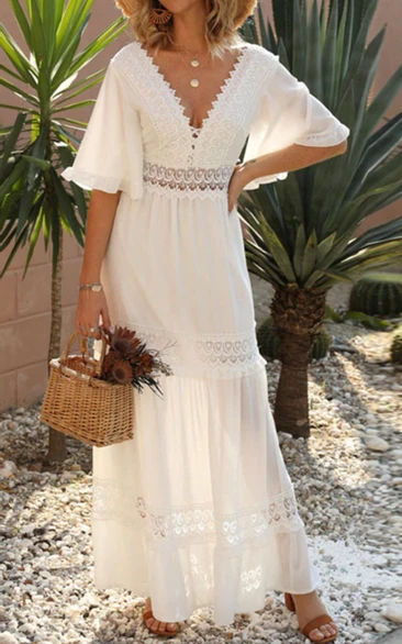 Boho White Vintage Maxi Half-sleeve Summer Pool Party Destination Dress