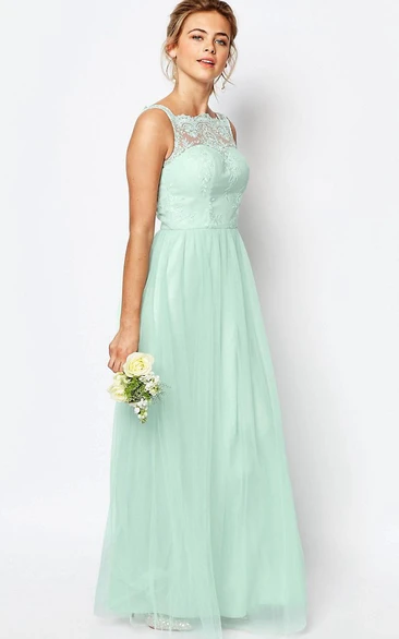 Ankle-Length A-Line Sleeveless Bateau Neck Lace Tulle Bridesmaid Dress