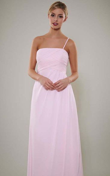 Long Spaghetti Ruched Chiffon Bridesmaid Dress With V Back