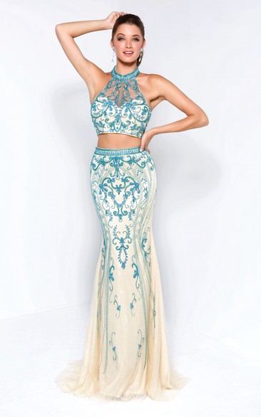 Sheath High Neck Sleeveless Lace Backless Dress With Beading And Pleats