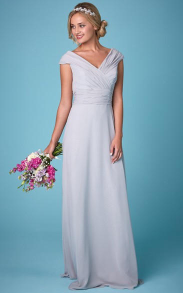Short Sleeve V-Neck Ruched Chiffon Bridesmaid Dress