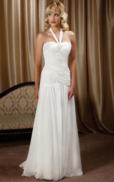Sheath Long-Sleeveless Halter Chiffon Wedding Dress With Criss Cross And  Court Train | Dorris Wedding