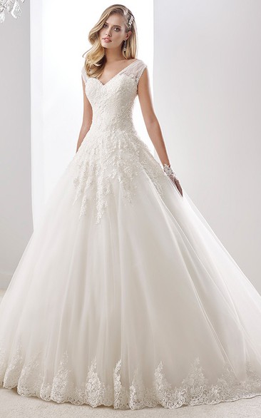 V-neck Cap sleeve A-line Wedding Dress with Open Back and Tulle Straps