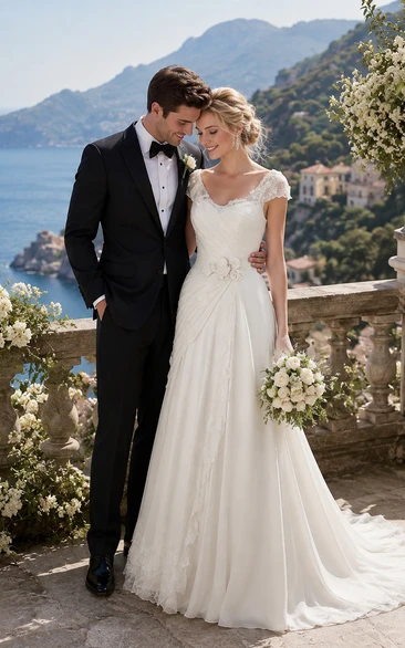 V-neck Cap Empire Chiffon Ruched Draped Wedding Dress with Tiers