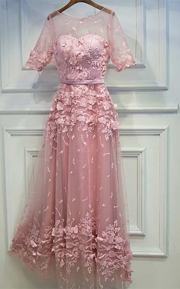 Half Sleeve Scoop Neck A-line Lace Dress With Sash