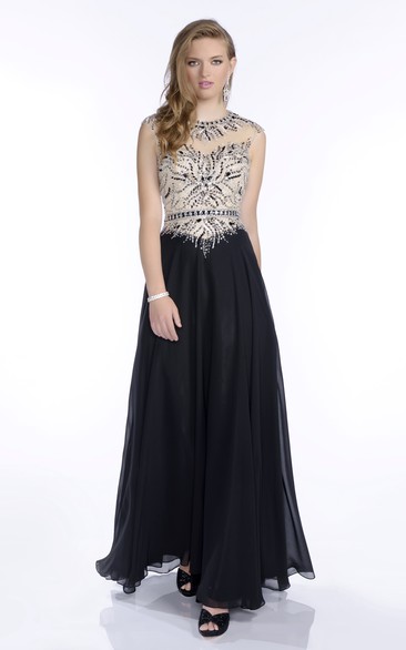 A-Line Chiffon Keyhole Back Prom Dress With Beaded Bodice And Pleats