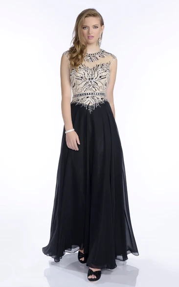 A-Line Chiffon Keyhole Back Prom Dress With Beaded Bodice And Pleats
