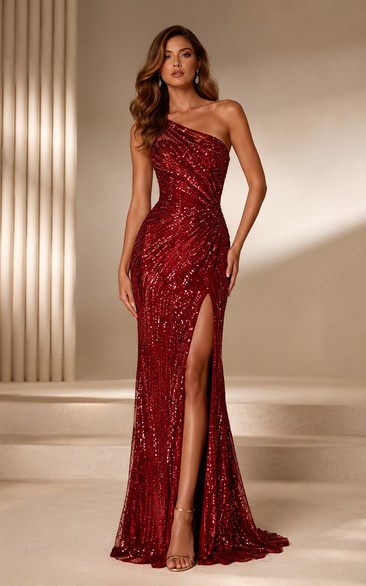 One-Shoulder Red Sequin Mermaid Evening Gown