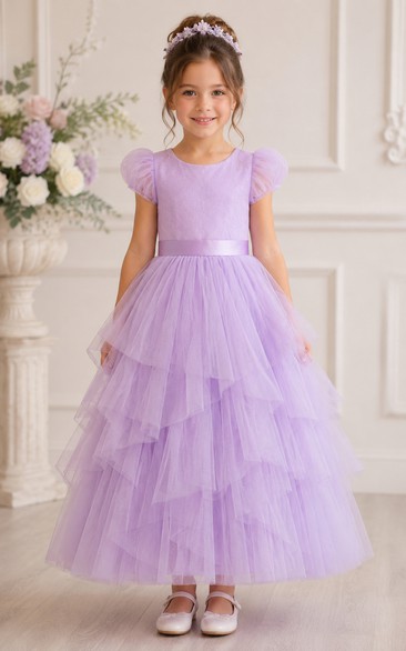 A-line Tea-length Puff Sleeve Tulle Flower Girl Dress with Lavender puff sleeves and tiered tulle with back bow