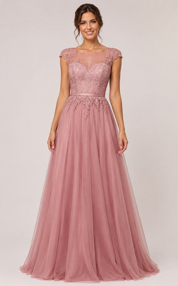Tulle Prom Dress in Dusty Rose, Jewel A-Line Floor-Length Gown with Appliques and Lace