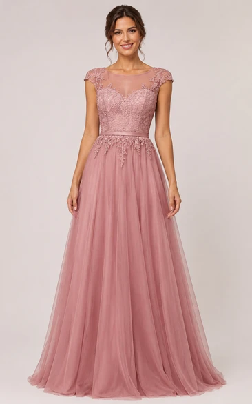 Tulle Prom Dress in Dusty Rose, Jewel A-Line Floor-Length Gown with Appliques and Lace