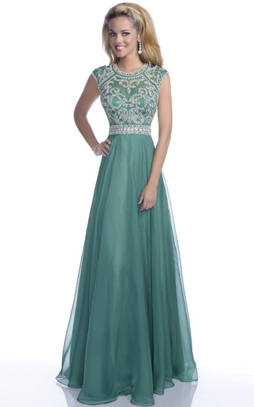 A-Line Cap Sleeve Chiffon Keyhole Back Prom Dress With Crystal Bodice And Belt