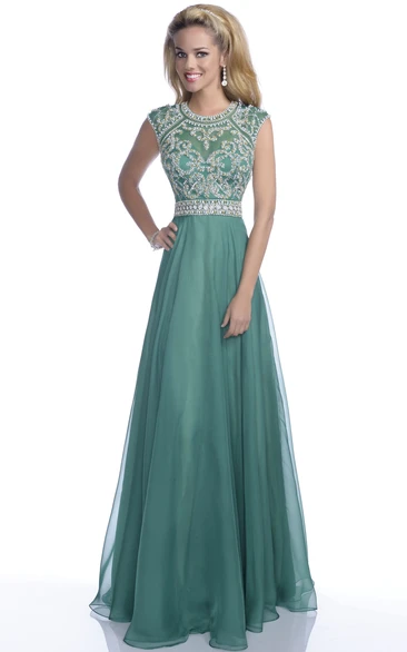 A-Line Cap Sleeve Chiffon Keyhole Back Prom Dress With Crystal Bodice And Belt