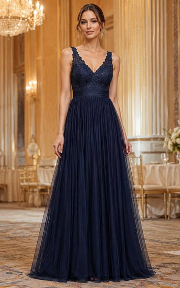 Banquet Dark Navy Lace V-Neck Tulle A-Line Formal Gown
