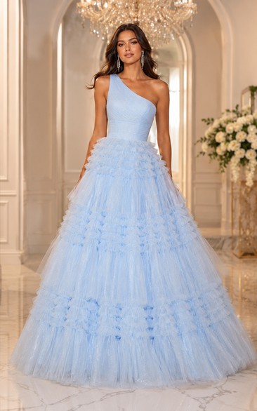 Tulle Prom Dress in Sky Blue, One-Shoulder Ball Gown Floor-Length Gown with Tiers and Ruffles