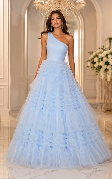 Tulle Prom Dress in Sky Blue, One-Shoulder Ball Gown Floor-Length Gown with Tiers and Ruffles