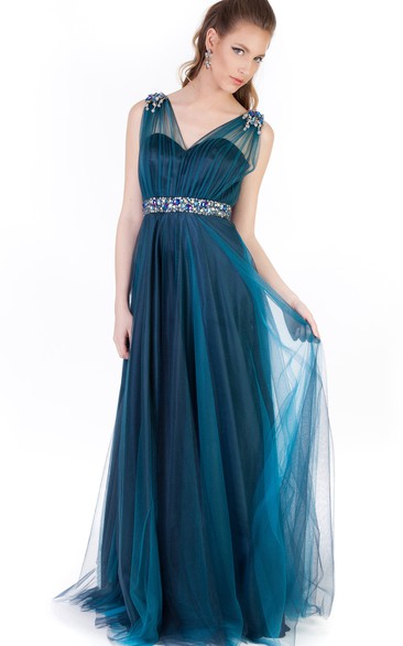 A-Line Scoop-Neck Beaded Sleeveless Floor-Length Tulle&Satin Prom Dress With Pleats