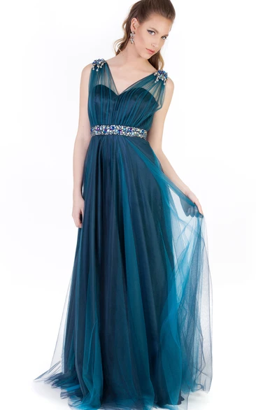 A-Line Scoop-Neck Beaded Sleeveless Floor-Length Tulle&Satin Prom Dress With Pleats
