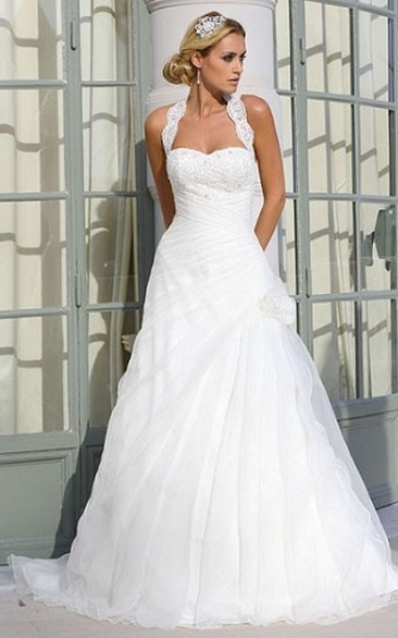 A-Line Halter Sleeveless Appliqued Floor-Length Tulle Wedding Dress With Flower And Draping