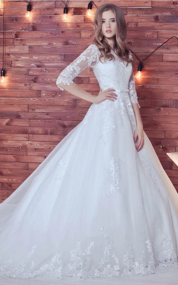 Ball Gown Long Sleeve Tulle Lace Modest Wedding Dress