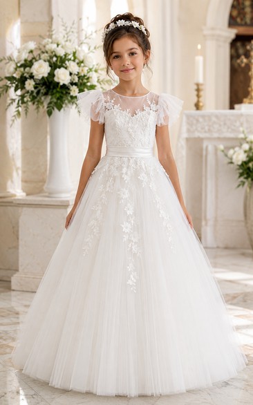 White Ball Gown Lace Flower Girl Dress with Appliques, Floral Details