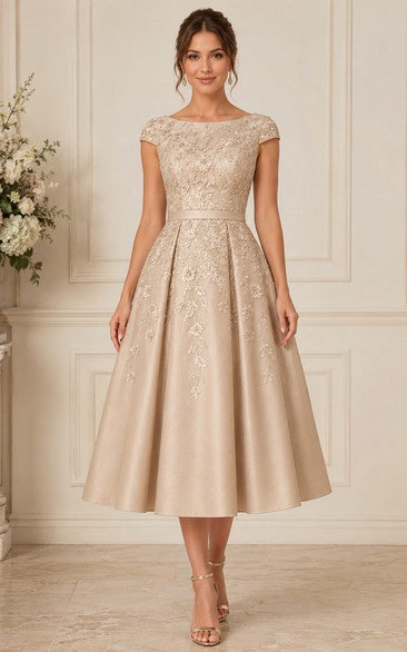 Champagne Lace Cap Sleeve Tea-Length Formal Dress