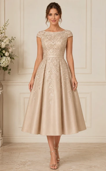 Champagne Lace Cap Sleeve Tea-Length Formal Dress