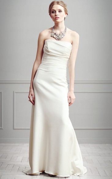 Sheath Strapless Floor-Length Ruched Sleeveless Satin Wedding Dress