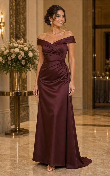 Burgundy Off-the-Shoulder Satin Sheath Formal Dress