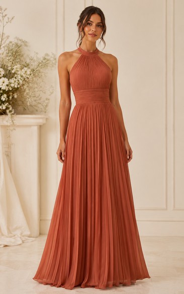 Papaya Pleated Halter A-Line Chiffon Bridesmaid Dress