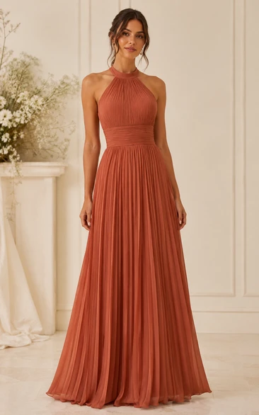 Papaya Pleated Halter A-Line Chiffon Bridesmaid Dress