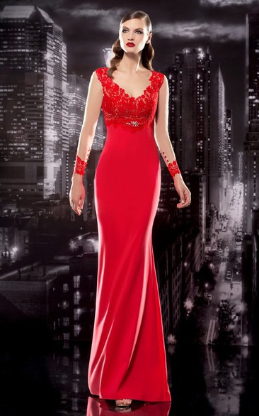 Pencil V-Neck Long Sleeve Jersey Illusion Dress With Appliques