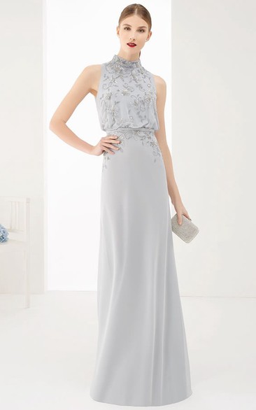 High Neck Sleeveless A-Line Chiffon Long Prom Dress With Neck Bow