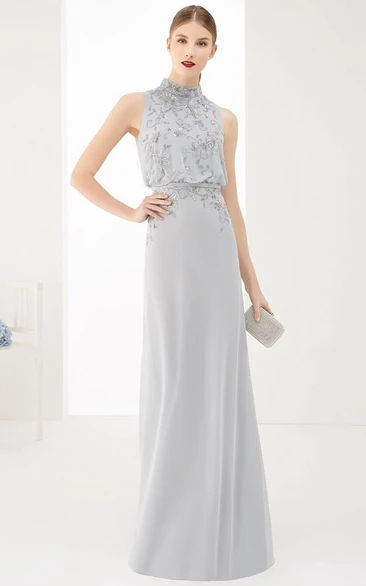 High Neck Sleeveless A-Line Chiffon Long Prom Dress With Neck Bow