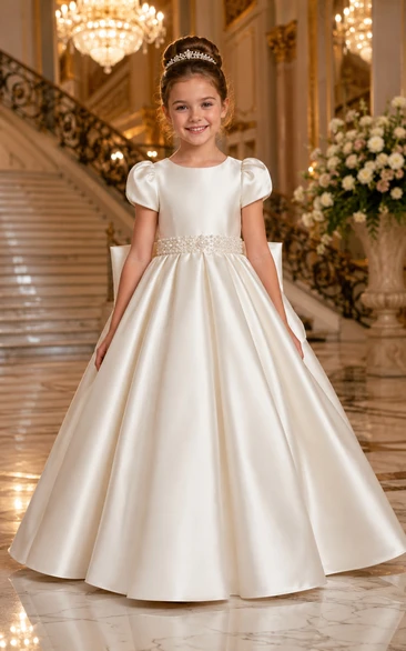 Luxury Satin Puff Sleeve Flower Girl Ball Gown with Bow Back