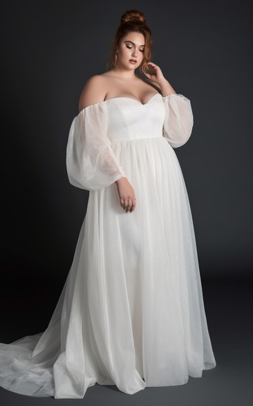 Plus Size Off-the-shoulder Puff Empire A-line Wedding Dress