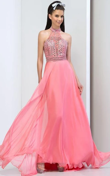 Halter Ruffles Beaded Sweep Train Prom Dress