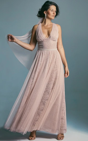 Blush Plunged Sleeveless Tulle Pleated Wedding Dress with Beaded Waist