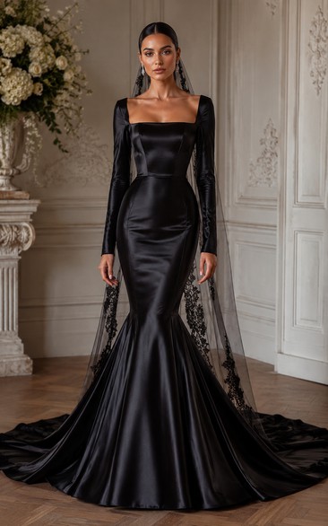 Black Square Neck Satin Mermaid Wedding Dress with Lace Cape