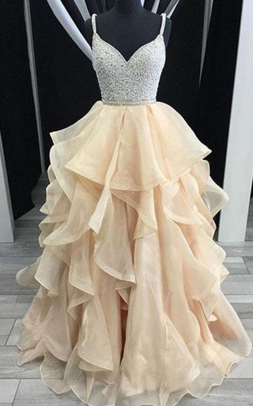 Ball Gown Organza Sequins Spaghetti Sleeveless Straps Dress