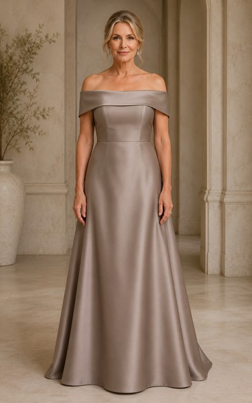 Taupe Off-the-shoulder Satin A-Line Mother Dress