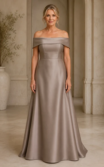 Taupe Off-the-shoulder Satin A-Line Mother Dress
