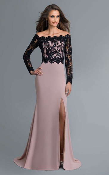 Sheath Off-The-Shoulder Long Sleeve Jersey Lace Zipper Dress With Split Front