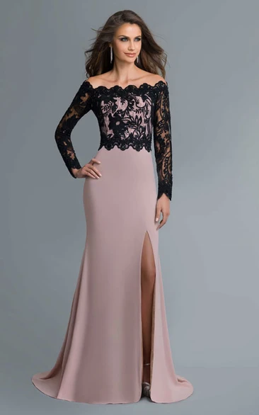 Sheath Off-The-Shoulder Long Sleeve Jersey Lace Zipper Dress With Split Front