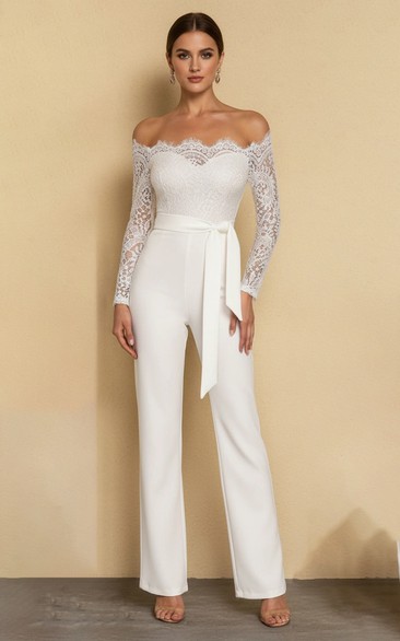 Lace Off-Shoulder Wide Leg Wedding Jumpsuit with Bow