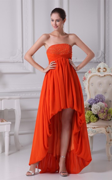 Sleeveless High-Low Chiffon Gemmed Dress With Pleats