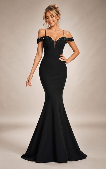 Jersey Evening Dress in Black, Off-the-shoulder, Sweetheart Mermaid Floor-Length Gown with Beading